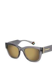 Occhiali da sole cat-eye in plastica grigia con lenti a tinta marrone, caratterizzati da un elemento in oro sulla tempia e un dettaglio a strisce arcobaleno sul braccio.