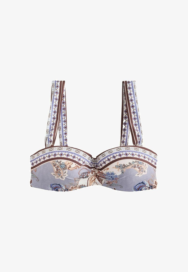 Haut de bikini bandeau en crochet avec bretelles ajustables, présentant des motifs cachemire et géométriques en violet, marron et blanc.