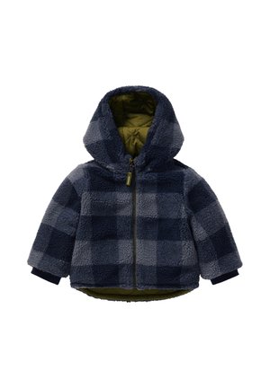 Veste en polaire à carreaux bleu marine et gris pour tout-petit, avec capuche, fermeture éclair intégrale devant et doublure intérieure matelassée vert olive.