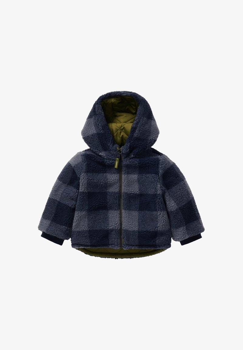 Veste en polaire à carreaux bleu marine et gris pour tout-petit, avec capuche, fermeture éclair intégrale devant et doublure intérieure matelassée vert olive.
