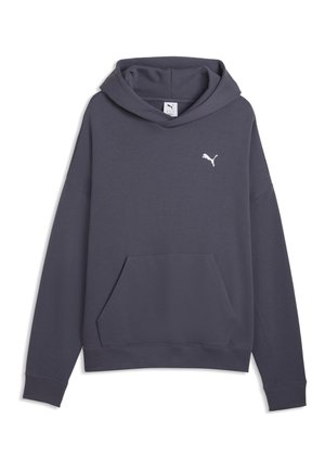 Donkergrijze hoodie met lange mouwen, voorvak en klein wit Puma-logo op de borst, afgebeeld op een witte achtergrond.