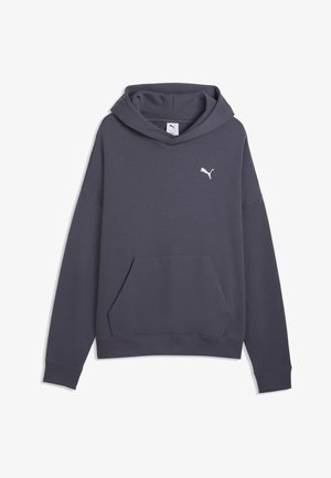 Dunkelgrauer Hoodie mit langen Ärmeln, Fronttasche und kleinem weißen Puma-Logo auf der Brust, dargestellt auf weißem Hintergrund.