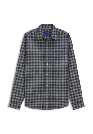 Camicia con bottoni in fantasia a quadri grigio scuro e blu navy. Maniche lunghe, colletto e una tasca sul petto. Tessuto in misto cotone con texture liscia.