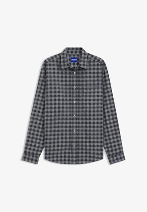 Skjorta med knappar fram i mörkgrått och marinblått rutmönster. Långa ärmar, krage och en enkel bröstficka. Bomullsblandat tyg med slät textur.