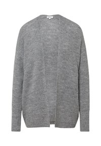 Grauer Cardigan aus strukturiertem Strickstoff, offenes Vorderdesign, lange Ärmel und keine Verschlüsse. Geeignet für das Layering.