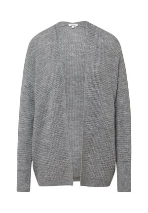 Grauer Cardigan aus strukturiertem Strickstoff, offenes Vorderdesign, lange Ärmel und keine Verschlüsse. Geeignet für das Layering.