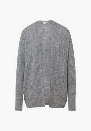 Sivý kardigán vyrobený z textúrovaného pleteného materiálu, s otvoreným predným dizajnom, dlhými rukávmi a bez zapínania. Ideálny na vrstvenie.