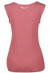 Randig tanktopp i röd och vit, ärmlös design, rund halsringning med vit accent. Mjuk, lätt material med ett elastiskt nederkant.