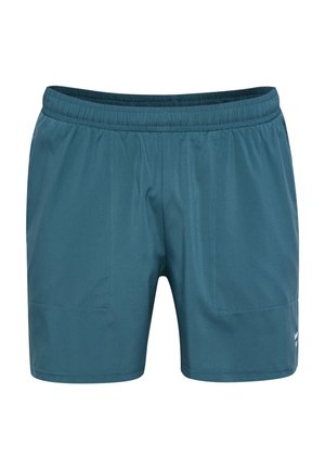 Teal athletic shorts made of lightweight fabric, featuring an elastic waistband, two side pockets, and logo accent on the lower right.