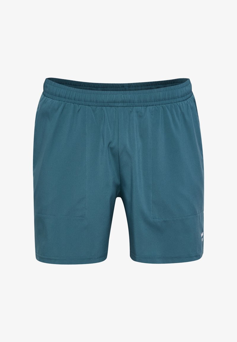 Herrshorts för löpning i teal, tillverkade av lätt tyg; har resår i midjan och två sidofickor. Ren design utan mönster.