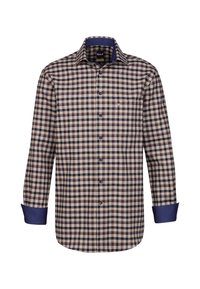 Camicia a maniche lunghe a quadretti beige e blu navy, con piccoli quadrati, chiusura a bottoni e polsini e colletto blu navy a contrasto.