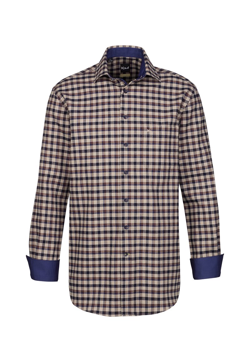 Camicia a maniche lunghe a quadretti beige e blu navy, con piccoli quadrati, chiusura a bottoni e polsini e colletto blu navy a contrasto.