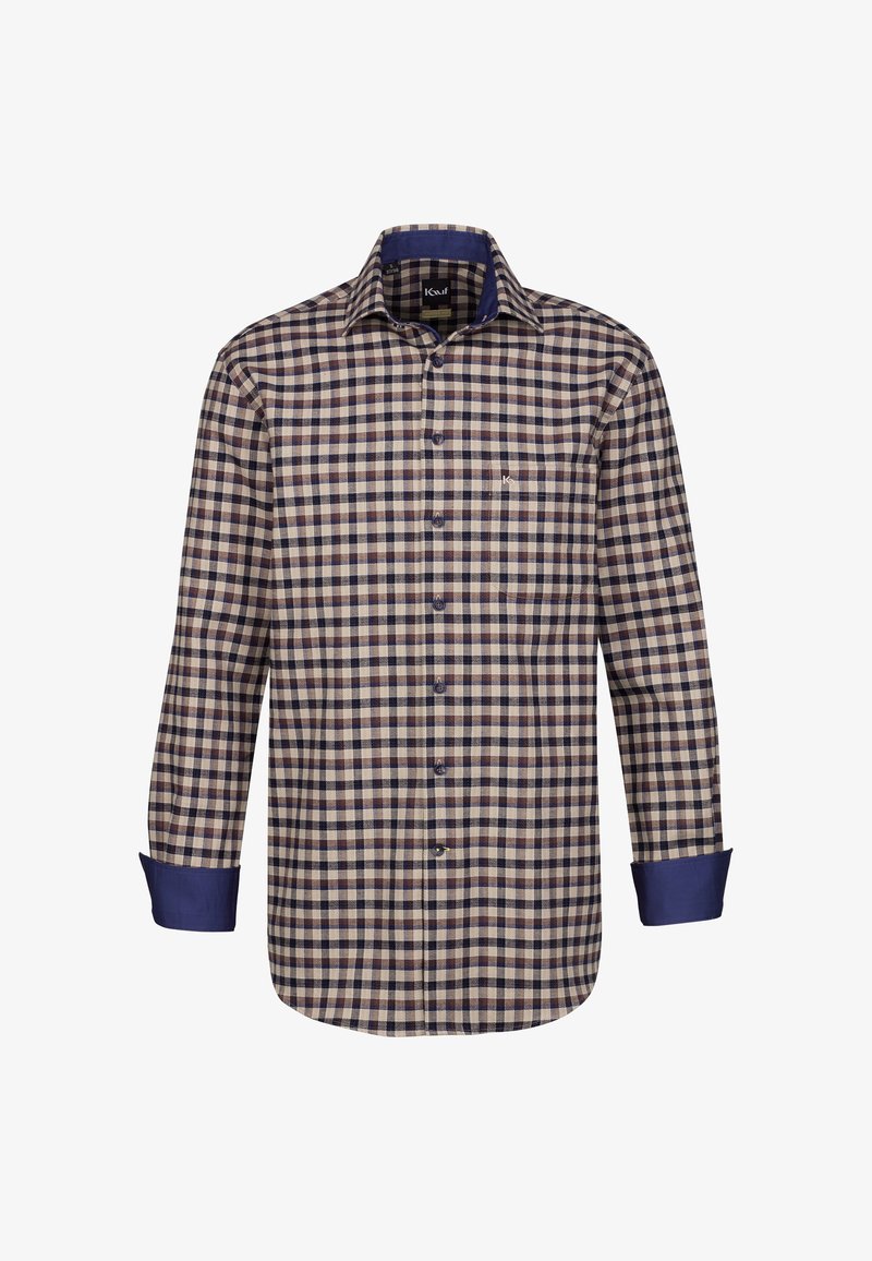 Camicia a maniche lunghe a quadretti beige e blu navy, con piccoli quadrati, chiusura a bottoni e polsini e colletto blu navy a contrasto.