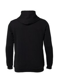 Zwarte lange mouwen hoodie met een capuchon, geribbelde manchetten en tailleband die van de achterkant wordt getoond op een witte achtergrond.