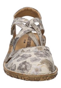 Sandale mit Kreuzriemen in einem strukturierten creme- und graublumenmuster, mit einer abgerundeten Zehenpartie und einer strukturierten Sohle für besseren Halt.