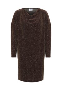 Blizgus tamsiai rudas ilgomis rankovėmis su drapiruotu kaklu ir subtilia blizgančia tekstūra, iki kelių, pažymėtas Saint.