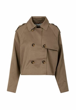 Orezaná hnedá dvojradová bunda so širokým golierom, zapínanými ramennými popruhmi a dlhými rukávmi na bielom pozadí.