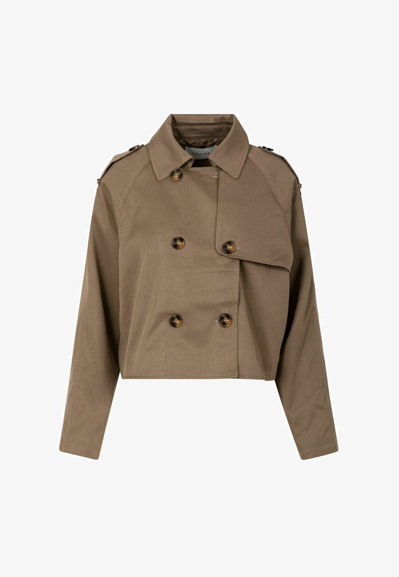 Beskuren brun dubbelknäppt kavaj med bred krage, knäppta axelband och långa ärmar på vit bakgrund.