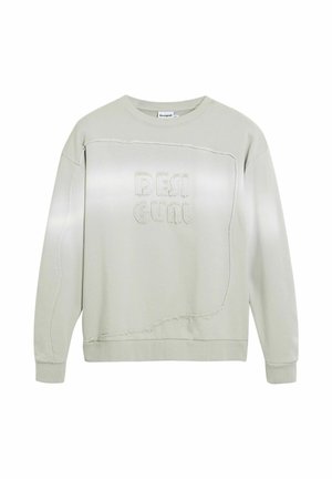 Világosszürke pulóver laza szabással, texturált "DESIGUAL" hímzéssel, látható varrási részletekkel és puha anyaggal.