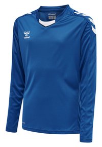 Maglia sportiva blu a maniche lunghe realizzata in tessuto morbido e leggero, con strisce bianche sui lati delle spalle e colletto a V.