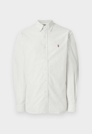 White and light gray thin striped long-sleeve button-up shirt with a collar and a small embroidered horse logo on the chest.