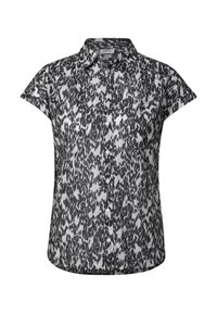 Zwart-witte short-sleeve shirt met een patroon, voorzien van een knoopsluiting aan de voorkant en een klassieke kraag. Zachte stof met een gladde textuur.