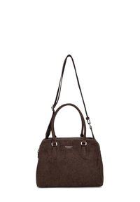 Sac à main en suède marron avec double poignée et bandoulière réglable, forme rectangulaire, fermeture éclair, logo Diana&Co Firenze centré.