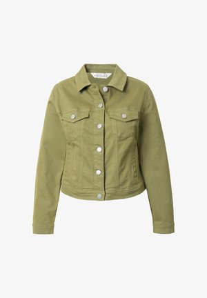 Oliwkowa dżinsowa kurtka z kołnierzem, dwiema kieszeniami na piersiach i srebrnymi zatrzaskami. Dopasowany, krótki fason o gładkiej fakturze.