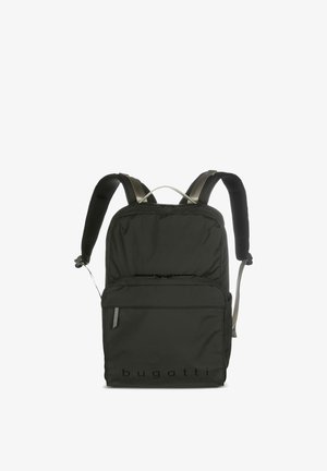 Schwarzer Bugatti-Rucksack mit gepolsterten Schultergurten, vorderer Reißverschlusstasche und Tragegriff oben vor weißem Hintergrund.