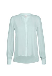 Hellblau, durchsichtige Bluse mit langen Ärmeln, runder Ausschnitt, Knopfverschluss vorne und leicht abgerundetem Saum. Glatte Textur und minimale Details.