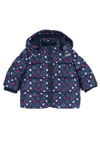 Chaquetón de plumas para toddler en azul marino con capucha, decorado con patrones de estrellas y corazones en rosa, morado y blanco, y cierre frontal con cremallera.