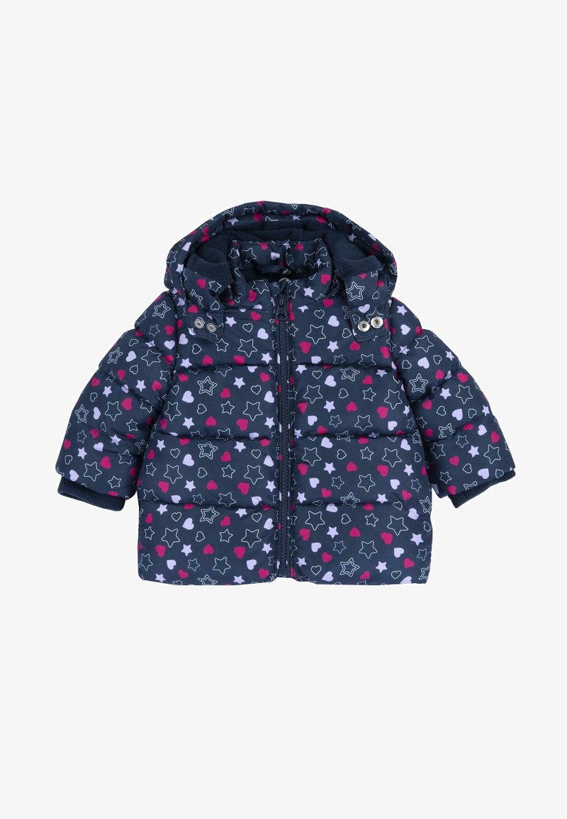 Chaquetón de plumas para toddler en azul marino con capucha, decorado con patrones de estrellas y corazones en rosa, morado y blanco, y cierre frontal con cremallera.