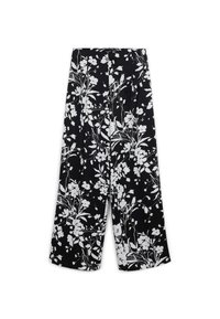 Schwarze Stoffhosen mit einem weißen Blumenmuster, weit geschnitten, mit glatter Textur und einer hohen Taille.