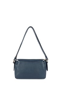 Borsa in pelle blu scuro con texture liscia, forma rettangolare, tracolla regolabile e chiusura con cerniera superiore.