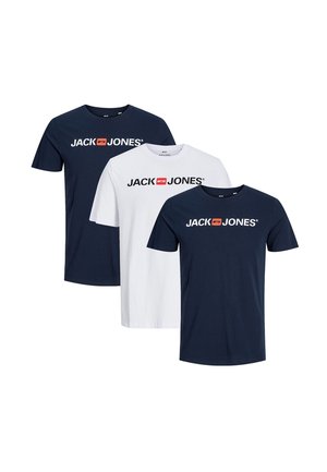 Tre T-shirt a maniche corte, due blu navy e una bianca, ciascuna con il logo "JACK & JONES" in nero e arancione sul petto.