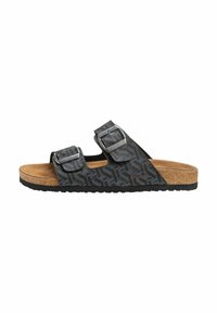 Zwarte schuifslipper met twee verstelbare metalen gespen, textuur bovenkant, kurken voetbed en rubberen zool met een geometrisch patroon.