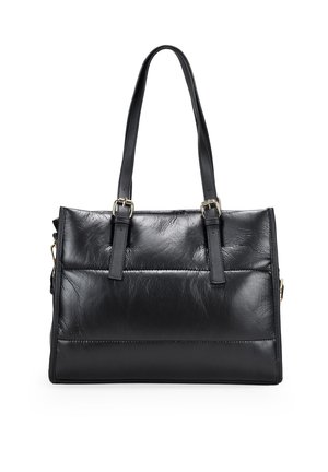 Bolso de mano de cuero negro con un diseño estructurado, que cuenta con dos asas superiores, una textura suave y acentos de costuras horizontales.