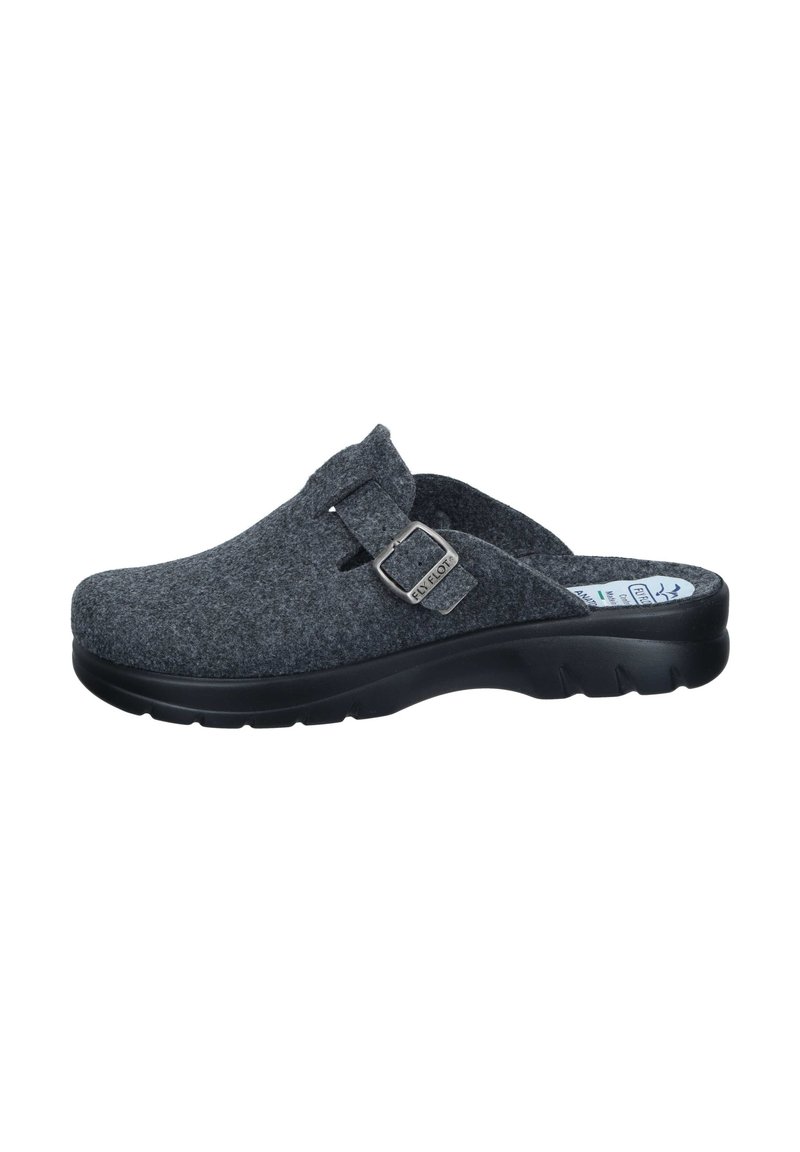 Dark gray felt slip-on clog with adjustable buckle strap and black sole, side view on white background.