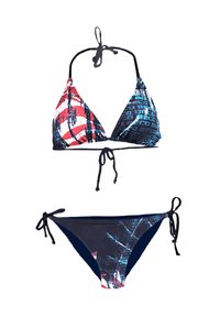 Ensemble de bikini avec un motif multicolore en rouge, bleu et noir, doté de liens ajustables sur le haut et le bas.
