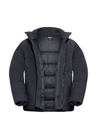 Giacca a vento nera con cappuccio, caratterizzata da un design trapuntato, una zip frontale e polsini elasticizzati. Realizzata in un tessuto resistente alle intemperie.