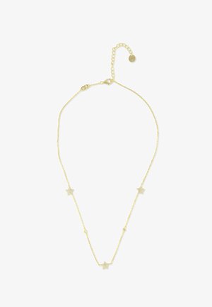 Nežen zlati verižni ogrlica s tremi majhnimi obeski v obliki zvezd, enakomerno razporejenimi, in nastavljivim zaskočni s podaljški.