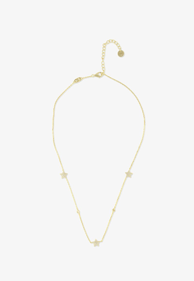 Collier délicat en chaîne d'or avec trois petits pendentifs en forme d'étoile répartis uniformément et un fermoir ajustable avec maillons d'extension.