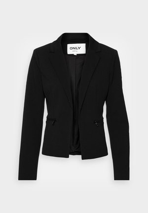 Schwarzer Blazer mit tailliertem Schnitt, Revers mit Kerbe, langen Ärmeln und Reißverschlusstaschen. Hergestellt aus glattem Stoff mit matter Oberfläche.