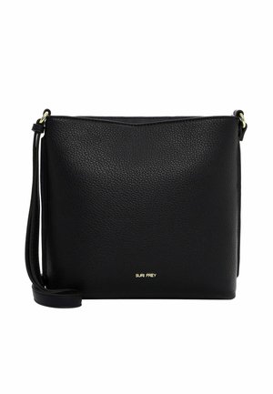 Sac bandoulière en cuir noir avec une surface texturée, de forme rectangulaire plate, et un logo doré en bas. Bandoulière réglable incluse.