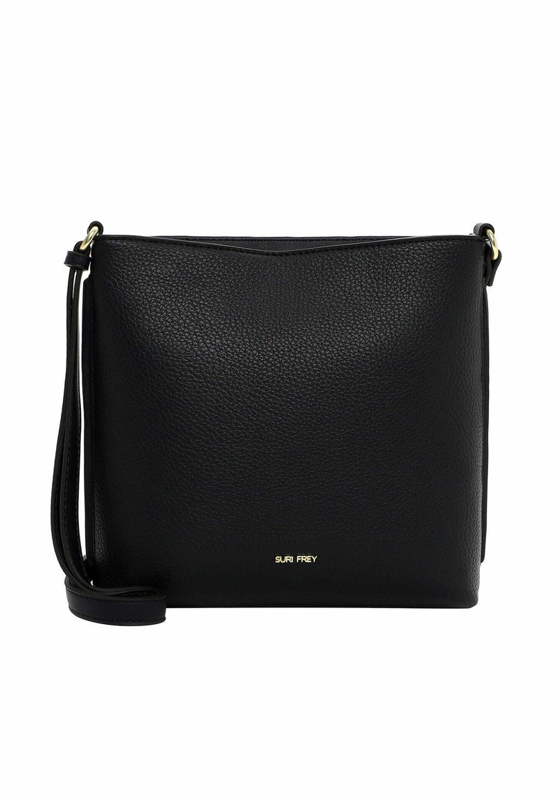 Borsa a tracolla in pelle nera con superficie texturizzata, forma rettangolare piatta e logo dorato nella parte inferiore. Include una tracolla regolabile.