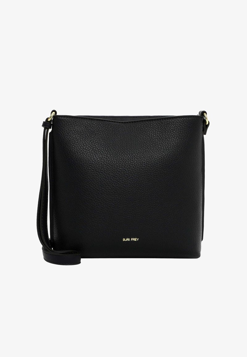 Borsa a tracolla in pelle nera con superficie texturizzata, forma rettangolare piatta e logo dorato nella parte inferiore. Include una tracolla regolabile.
