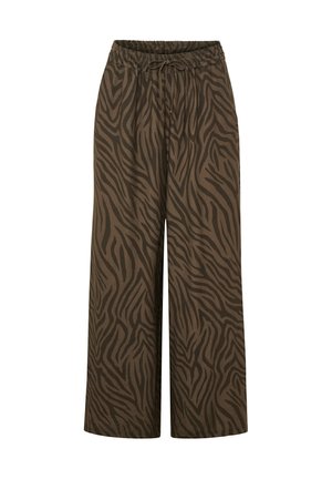 Bukser med høj talje og vide ben med elastik i taljen og snøre, med et mørkebrunt og sort zebra-print mønster.