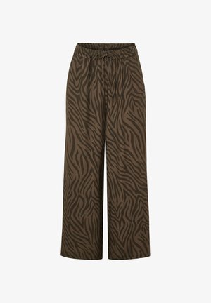 Bukser med høj talje og vide ben med elastik i taljen og snøre, med et mørkebrunt og sort zebra-print mønster.