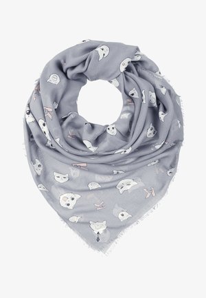 Écharpe triangulaire gris clair avec différents visages de chiens dessinés en blanc et petits motifs de lettre K roses.