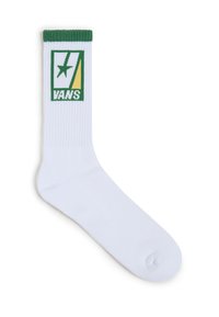 Calza bianca da crew con logo Vans verde e giallo in alto; bordo rigato; superficie liscia; forma standard con punta e tallone rinforzati.